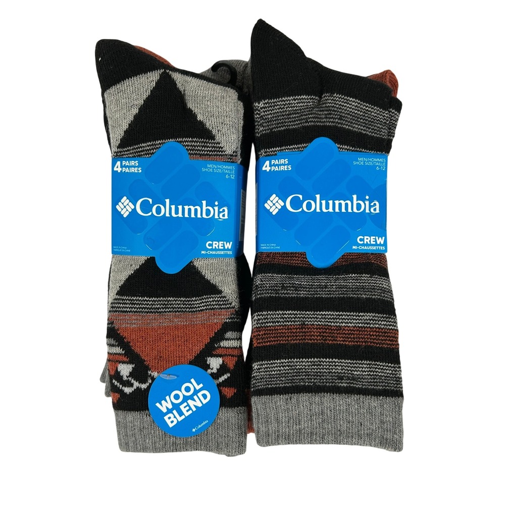 Columbia Mens Crew Socks 4 Pairs Wool Blend Geometric Striped Black Grey 6-12